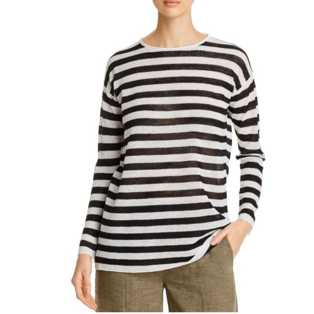 Eileen Fisher Organic Linen Blend Long Sleeve Tunic Top White-Black Size XL